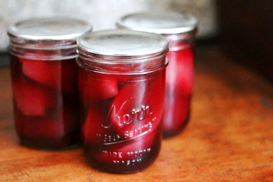 Pears poached in red wine