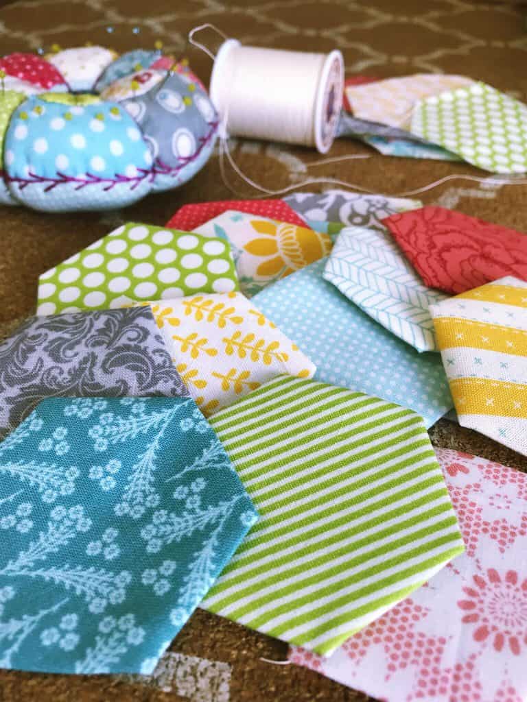 spring-colored quilt hexegons for spring studio tour